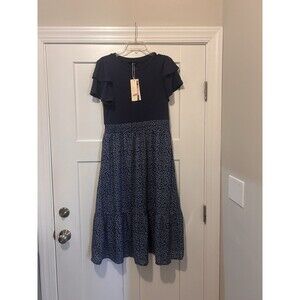 Women's Size Large Blue Maxi Dress Knit Top Woven Floral Bottom Cottage Modest